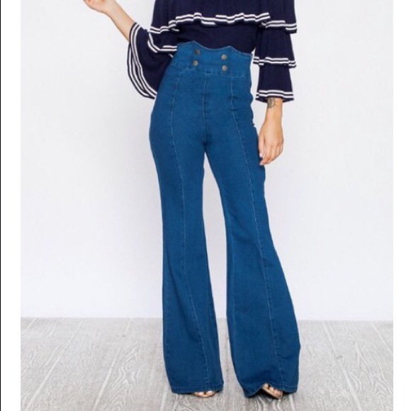 Flying Tomato Denim - High Waist Bell Bottoms with Sailor Button Detail
